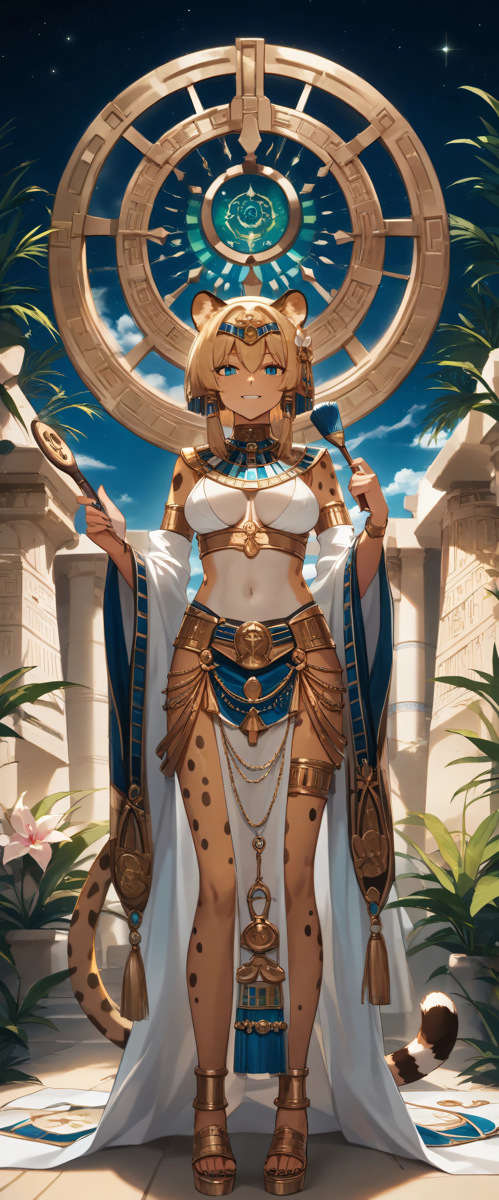 score_9, score_8_up, score_7_up, score_6_up, score_5_up, score_4_up,source_anime, source_furry,rating_safe,Egyptian goddess\(female, Safkhet, Sesat, Seshet, Sesheta, Seshata, Uraeus with flower and star in diadem, (wearing cheetah skin:1.3), holding brush and ink-dish,twinkling star above head\), background\(Egyptian temple\),dynamic angle, BREAK ,quality\(8k,wallpaper of extremely detailed CG unit, ​masterpiece,hight resolution,top-quality,top-quality real texture skin,hyper realisitic,increase the resolution,RAW photos,best qualtiy,highly detailed,the wallpaper,cinematic lighting,ray trace,golden ratio\)