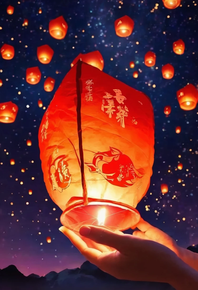 Very beautiful hand holding Kongming lantern close-up，Under the starry night sky