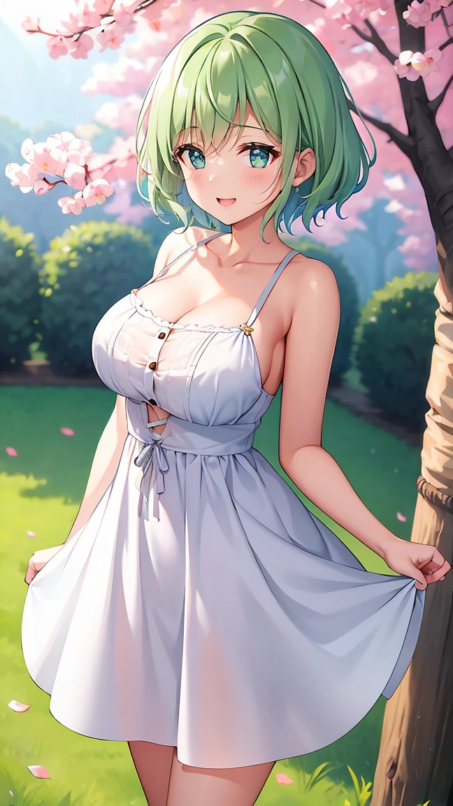 Girl with short green hair, Small size breasts, Small breasts、Green Eyes, White Casual Wear Beauty Special、(((tits))),Full body shot from head to toe、White dress、Colorful flower fields、Fluttering petals、A big smile when looking at the flowers、Uplifting、Swaying in the Wind、Gusts from bottom to top、Panty shot、Happenings