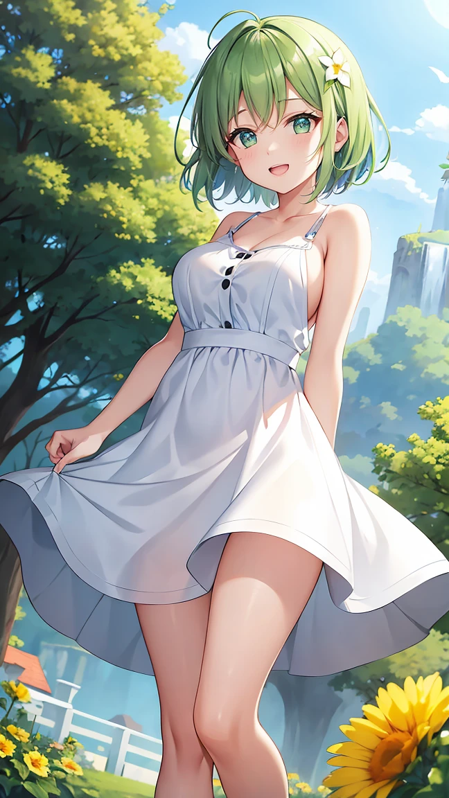 Girl with short green hair, Small size breasts, Small breasts、Green Eyes, White Casual Wear Beauty Special、(((tits))),Full body shot from head to toe、White dress、Colorful flower fields、Fluttering petals、A big smile when looking at the flowers、Uplifting、Swaying in the Wind、Gusts from bottom to top、 shot、Happenings