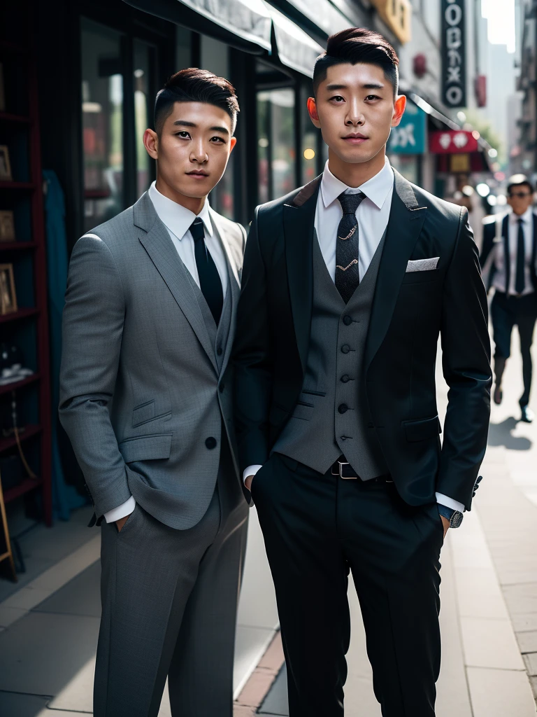 xh,necktie,formal,pants,jacket,suit,multiple boys,male focus,shirt,black hair,3boys,blurry background,black pants,looking at viewer,hand in pocket,black jacket,realistic,blurry,white shirt,grey jacket,collared shirt,vest,short hair,black necktie,belt,closed mouth,facial hair,pocket,outdoors,standing,long sleeves,grey pants,hands in pockets,black suit,smile,building,grey vest,watch,