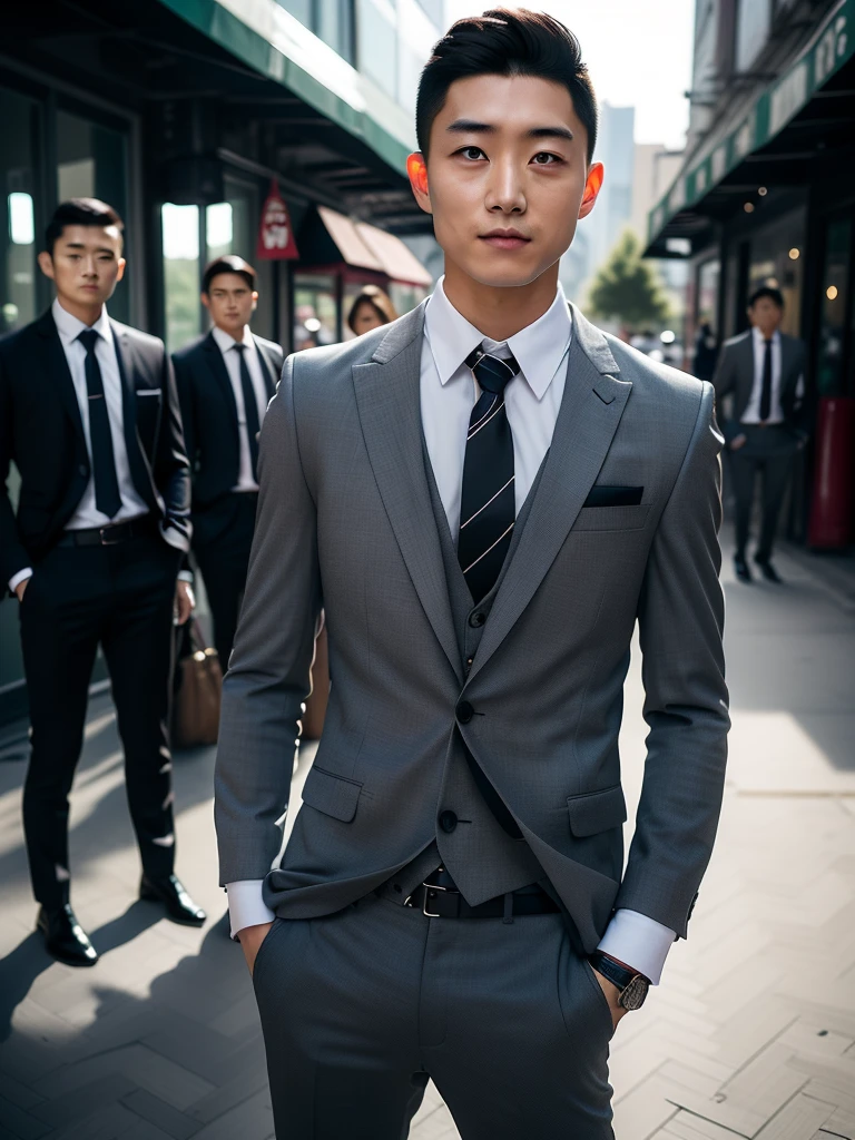 xh,necktie,formal,pants,jacket,suit,multiple boys,male focus,shirt,black hair,3boys,blurry background,black pants,looking at viewer,hand in pocket,black jacket,realistic,blurry,white shirt,grey jacket,collared shirt,vest,short hair,black necktie,belt,closed mouth,facial hair,pocket,outdoors,standing,long sleeves,grey pants,hands in pockets,black suit,smile,building,grey vest,watch,