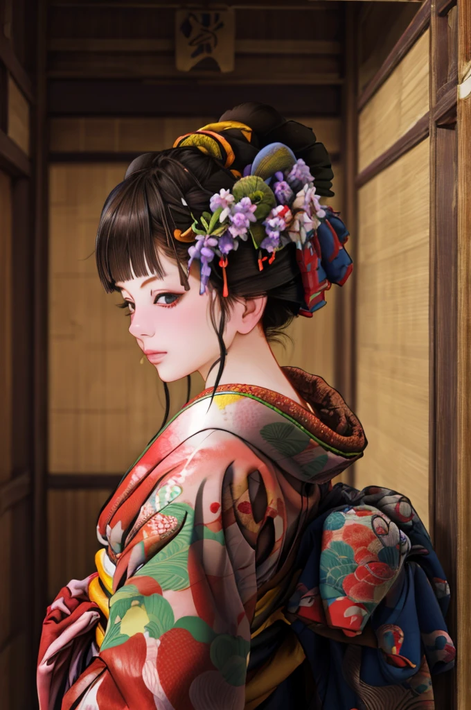 1 Girl, alone, Oiran, Maiko, country, Looking at the audience, short hair, Brown eyes, Brown Hair, Black Hair, hair ornaments, Upper Body, kimono, Blunt bangs, kimono, sash, Compensate, Bob cut hair,