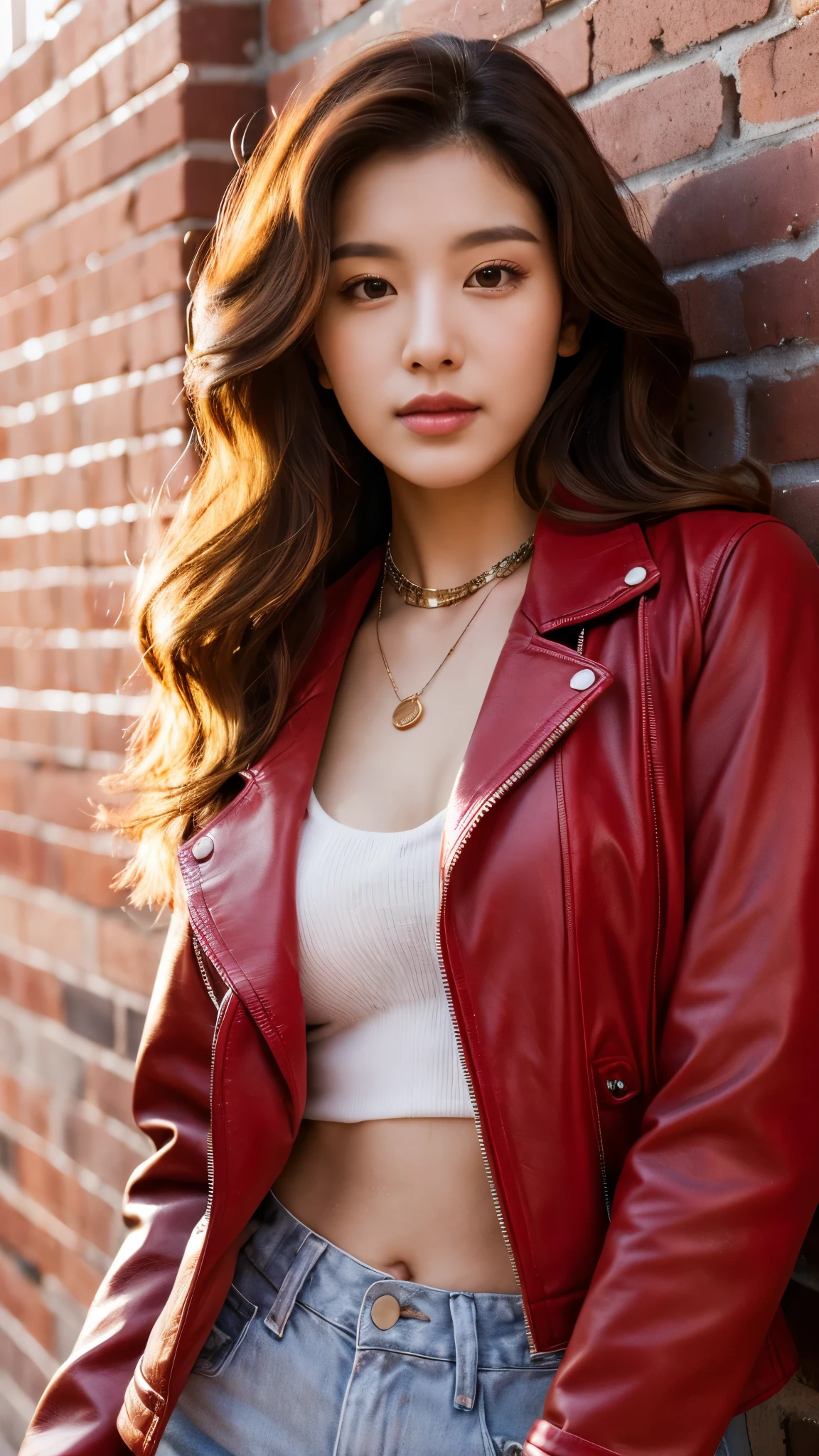 close-up of beautiful korean female, 34 inch breasts size, wavy hair, wearing red leather jacket, necklace, against the brick wall, sunset light, UHD
