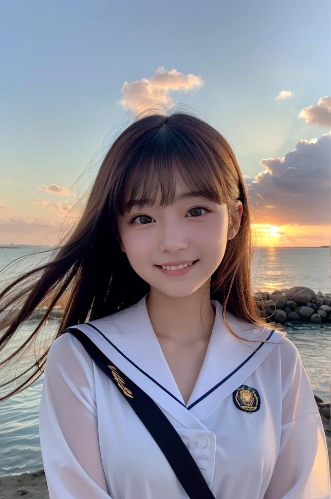 (1 Girl )、(Beautiful Japanese、18years old,round face、Refreshing、clear、seems kind、stylish、Pitiful、cute like an angel、cute、black eyes、,actress,Almond-shaped eyes,Translucent white skin、Beautiful skin), {(Japan human face:1.4)} , (((Beautiful breasts:0.4))),(((soft breasts))),(very cute),(Black hair),(enchanting eyes),(highlight on eyes:1.2)、(8K、Live shooting、highest quality、masterpiece:1.2、optimal lighting)、((masterpiece)),(Photo taken by a professional photographer),(real、photo real:1.4),BREAK,{(cute Japanese high school sailor uniform),((traditional Sailor Suit:1.0))},(cheeks are red:1.3), BREAK, BREAK,Face shot:1.3、 face close-up,Look away,happy,from avobe,evening、Japan,evening、sunset、、cumulonimbus,A fresh breeze、Hair swaying in the wind,Sunset,profile,Sandy Beach、smile:1.3
