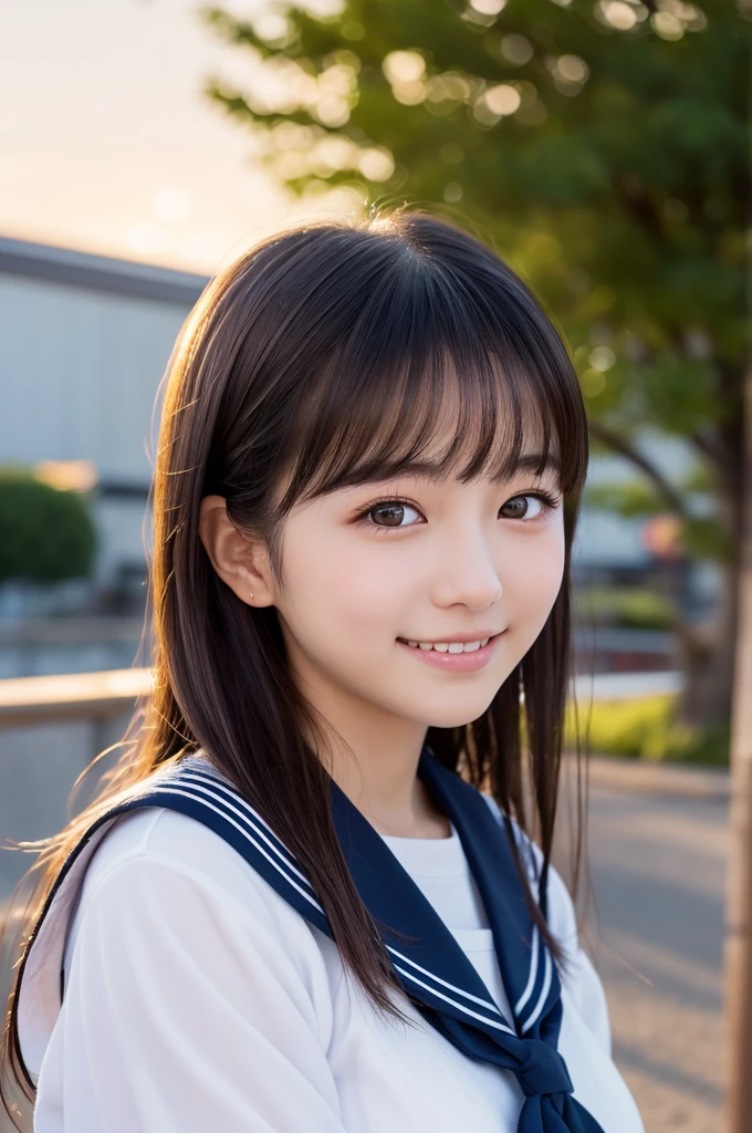 (1 Girl )、(Beautiful Japanese、18years old,round face、Refreshing、clear、seems kind、stylish、Pitiful、cute like an angel、cute、black eyes、,actress,Almond-shaped eyes,Translucent white skin、Beautiful skin), {(Japan human face:1.4)} , (((Beautiful breasts:0.4))),(((soft breasts))),(very cute),(Black hair),(enchanting eyes),(highlight on eyes:1.2)、(8K、Live shooting、highest quality、masterpiece:1.2、optimal lighting)、((masterpiece)),(Photo taken by a professional photographer),(real、photo real:1.4),BREAK,{(cute Japanese high school sailor uniform),((traditional Sailor Suit:1.0))},(cheeks are red:1.3), BREAK, BREAK,Face shot:1.3、 face close-up,Look away,happy,from avobe,evening、Japan,evening、sunset、、cumulonimbus,A fresh breeze、Hair swaying in the wind,Sunset,profile,Sandy Beach、smile:1.3