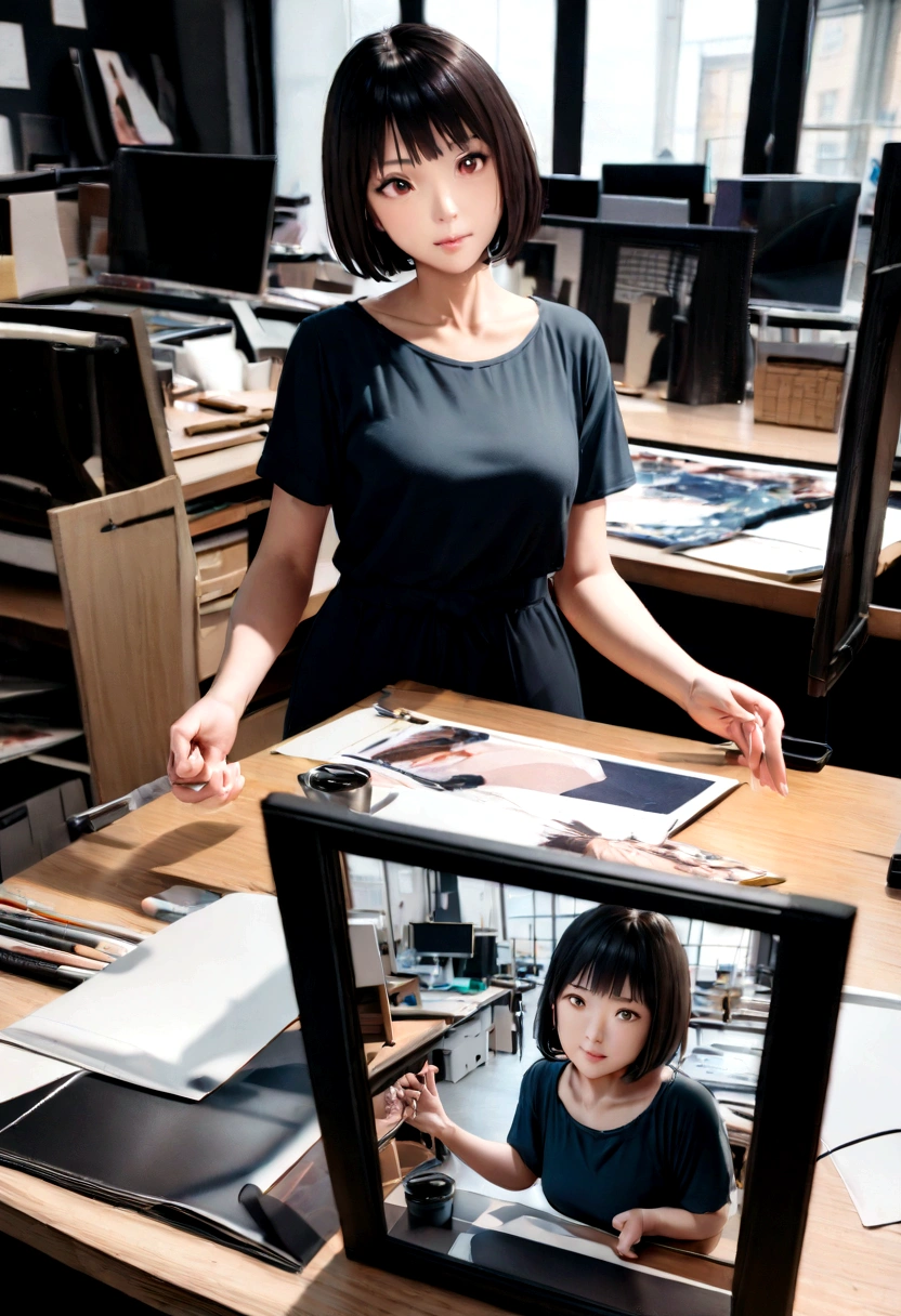 (whole body), (Are standing), 40 year old woman looking at the camera, Short Bob Cut Hair, Beautiful face in every detail, Action Shots, Empty office background, Daytime, Photo Real, CG, Art Station, masterpiece, HD Photos