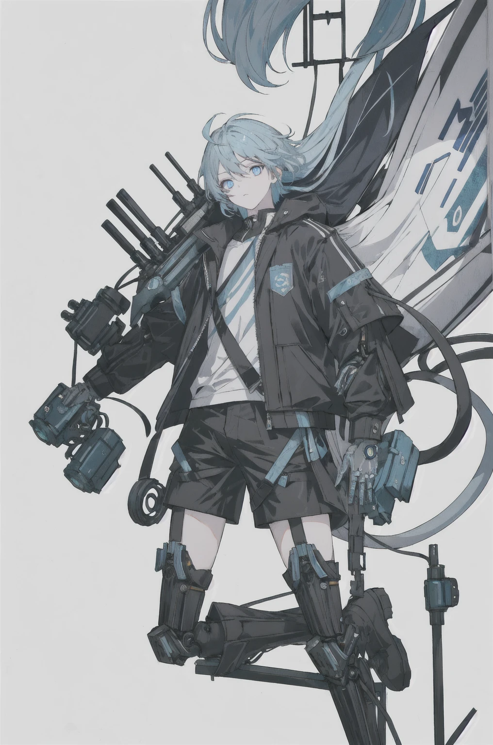 8K,high resolution,absurd,masterpiece,best quality,The original,Extremely detailed CG,Extremely detailed wallpaper,Perfect lighting,1 Girl,Vague_background,
(hutaodef:1.2),Black shorts,black h在 with h在 ,blue eyes,Gray-blue hair,Regular Clothes,Blue cat's eye,modern,Mechanical parts floating around,jump