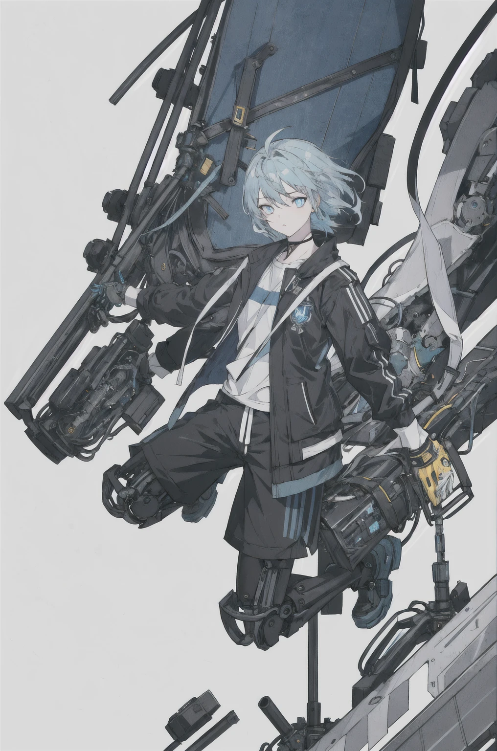 8K,high resolution,absurd,masterpiece,best quality,The original,Extremely detailed CG,Extremely detailed wallpaper,Perfect lighting,1 Girl,Vague_background，
(hutaodef:1.2),Black shorts,black h在 with h在 ,blue eyes,Gray-blue hair,Regular Clothes，Blue cat's eye，modern，Mechanical parts floating around，jump