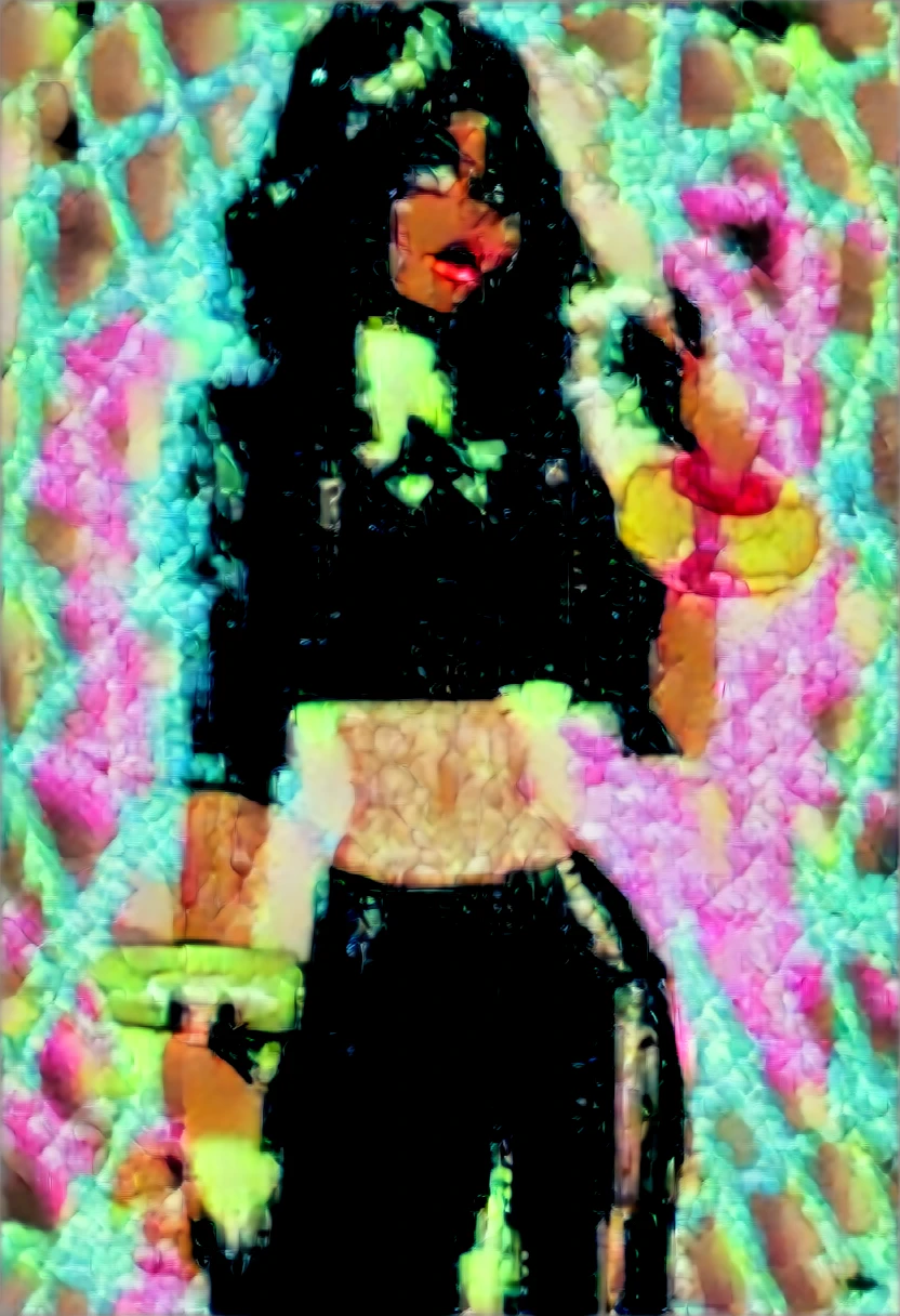 hyperrealism, photorealistic, 20 yo female, solo, 1female, toned, wide hips, long black hair, very skinny, very thin, very slim, very slender, thick thighs, ifbb, thick lips, thin waist, slendered abs, narrow waist, small waist, dark skin, tan, tanned, tan skin, tanned skin, light brown skinned, lipstick, neon glowing bracelet, glowing armlet, bounce light, rimlights, (sparkling translucent criss-cross top), (wet transparent half-jacket), tight (snakeskin leather pants), high detail