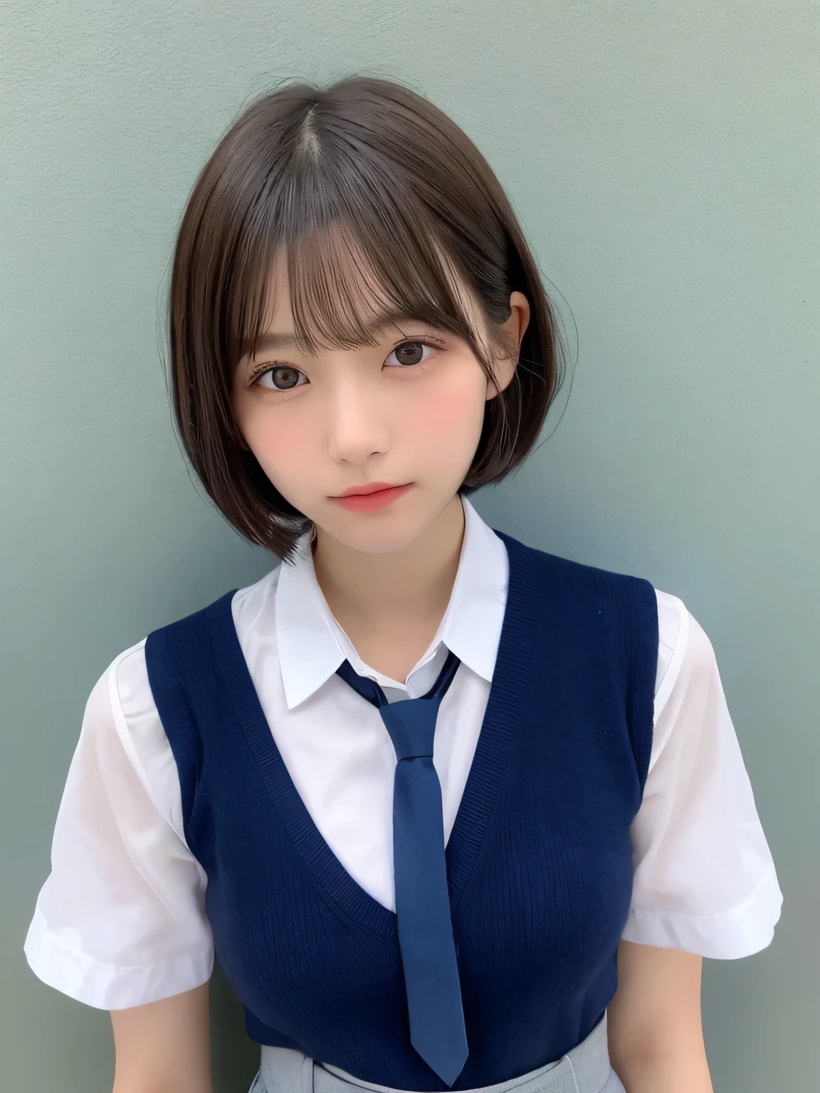 Japanese Girls、14-year-old girl、Short Hair、Blonde、bangs、Brown eyes、Short Bob Cut、Perfect figure、Transparency、Gloss、Glosodest chest、、Navy blue tie、White shirt、Navy Blue Skirt、Hirotake、Burning Body、Gravure idol pose、Light blue wall、Beautiful legs、Strong sunlight、dirty、雨にWet体、Wet