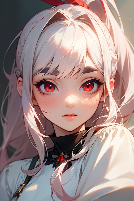 (Highest quality, masterpiece:1.2), High resolution, Very detailed, Realistic:1.37, Fantasy, An illustration, Hair is whiteいです、Red eyes、Queen, White Dress.Platinum decoration、beautifully、Eyeshadow Red、Thick eyebrows、Long eyelashes、pupils are black、Hair is whiteい、Kissing Face、Embarrassing、Loved、ponytail、Hair is white、