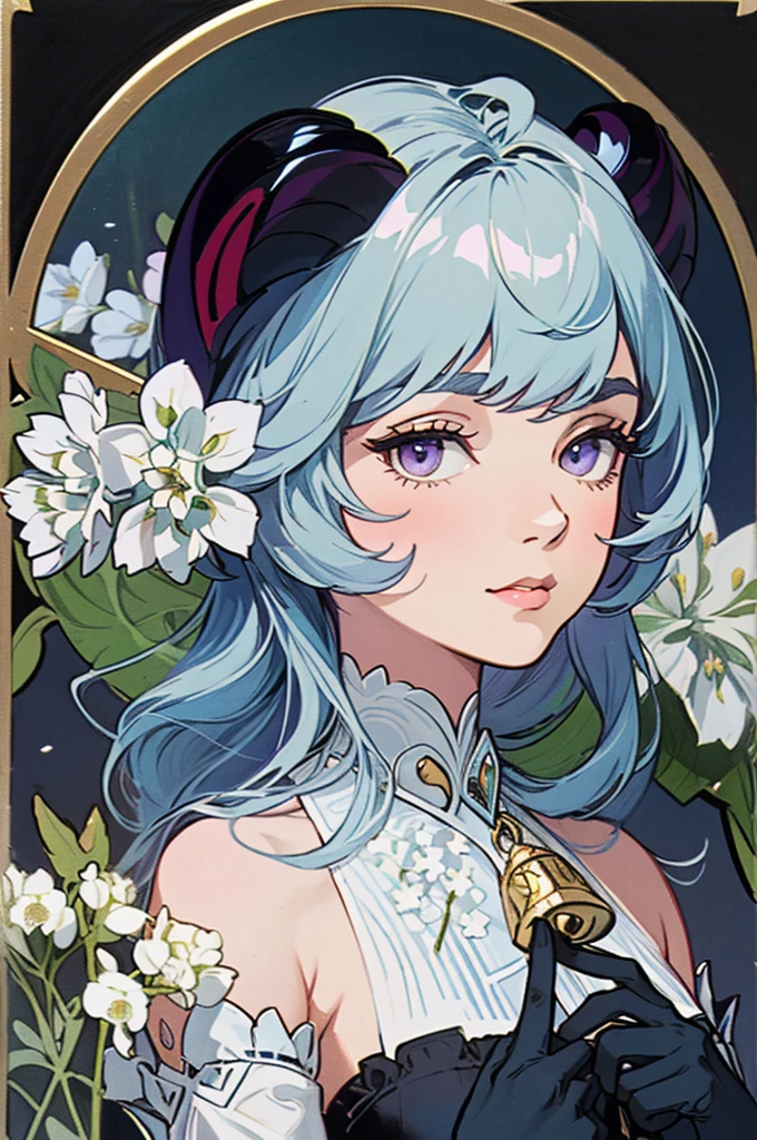 1 girl solo, light blue hair, purple eyes, dark red ram horns, golden bell on her chest, detached white and blue sleeves, bare shoulders, sleeveless black top, black gloves, ((portrait face closeup)) Vintage Victorian style, Precise vintage encyclopedia (best quality:1.2), (detailed:1.2), (masterpiece:1.2), vintage botanical illustration, (((white flowers Diphylleia grayi)))