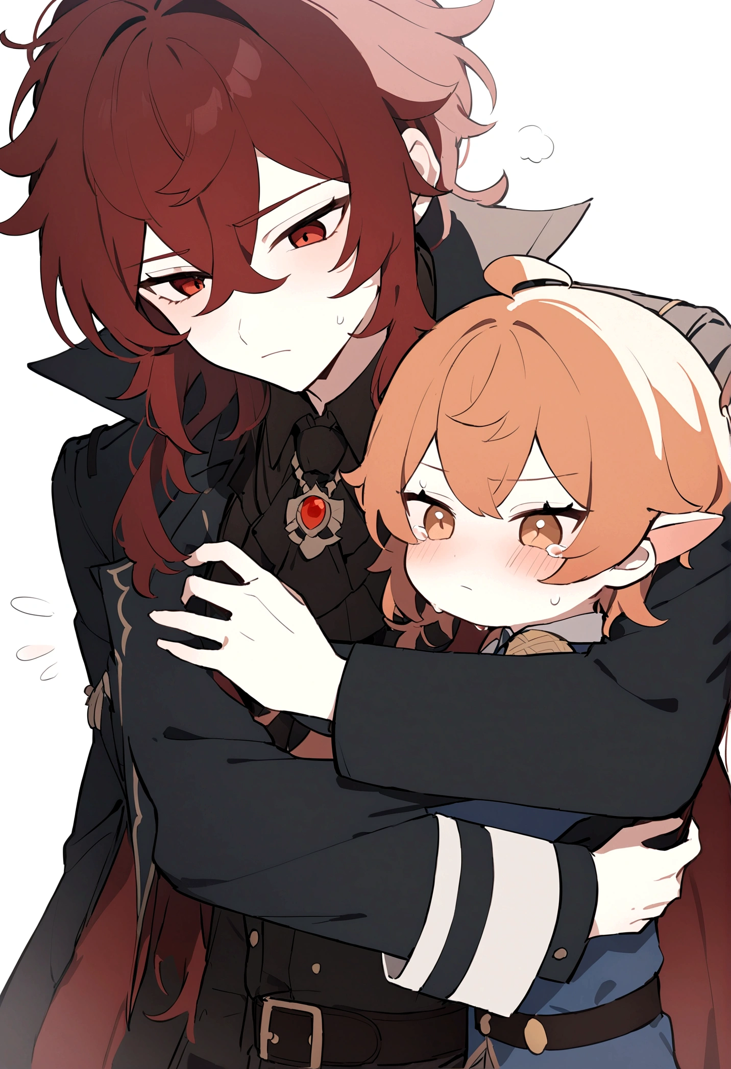 Tignari from the game Genshin impact dressed in a doctor's coat, he hugs Diluc from the game Genshin impact, Diluc is wearing a police chief's uniform, Tignari is crying, his ears droop, hugging Diluc, Diluc comforts Tignari with a tired expression