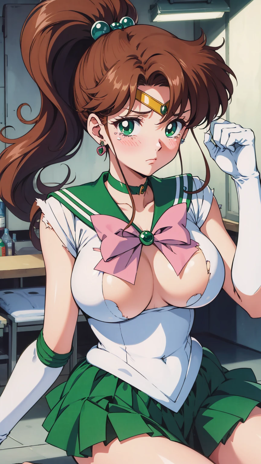 Highest quality, High resolution, 1990s \(style\), retro artstyle, 1990s anime cels style, Sailor Jupiter, Fighting, Sailor Warrior Uniform, Green sailor collar, White gloves, Green pleated skirt, Pink ribbon, ponytail, jewelry, Earrings、(Torn clothes、tits)、Dynamic、廃墟でFighting、Torture scene、Torture chamber、Tortured Woman、tears、blush、sad