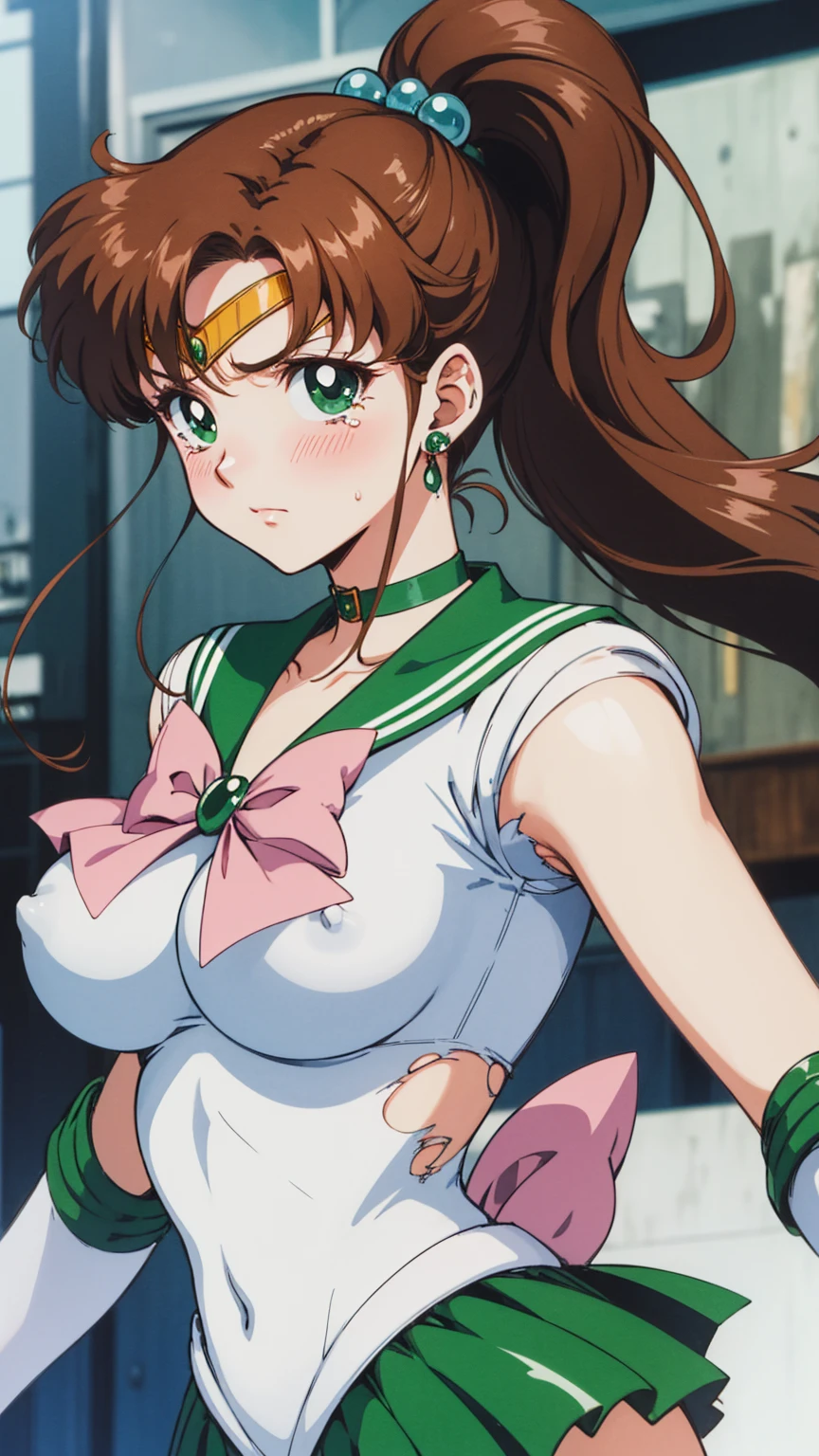 Highest quality, High resolution, 1990s \(style\), retro artstyle, 1990s anime cels style, Sailor Jupiter, Fighting, Sailor Warrior Uniform, Green sailor collar, White gloves, Green pleated skirt, Pink ribbon, ponytail, jewelry, Earrings、(Torn clothes、tits)、Dynamic、廃墟でFighting、Torture scene、Torture chamber、Tortured Woman、tears、blush、sad