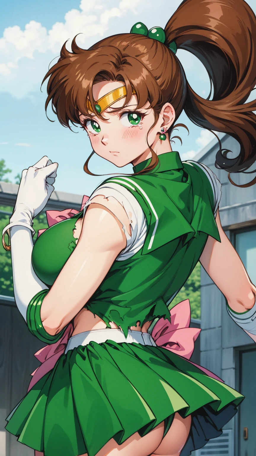 Highest quality, High resolution, 1990s \(style\), retro artstyle, 1990s anime cels style, Sailor Jupiter, Fighting, Sailor Warrior Uniform, Green sailor collar, White gloves, Green pleated skirt, Pink ribbon, ponytail, jewelry, Earrings、(Torn clothes、tits)、Dynamic、廃墟でFighting、 scene、 chamber、Tortured Woman、tears、blush、sad