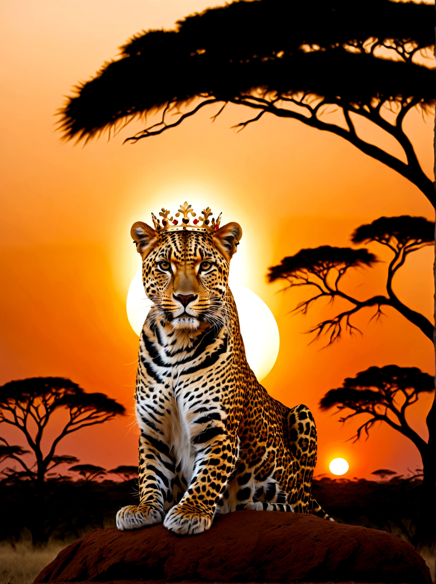 A leopard with a golden crown resting on its head, majestically poised against the backdrop of a sunset in the Savannah. The crown lightly glistens in the failing sunlight as the creature stands surveying its surroundings. Warm orange and pink hues from the setting sun drape the scene, highlighting the leopard's vibrant coat of fur. Silhouettes of acacia trees can be seen in the far-off distance, dotting the vast landscape.