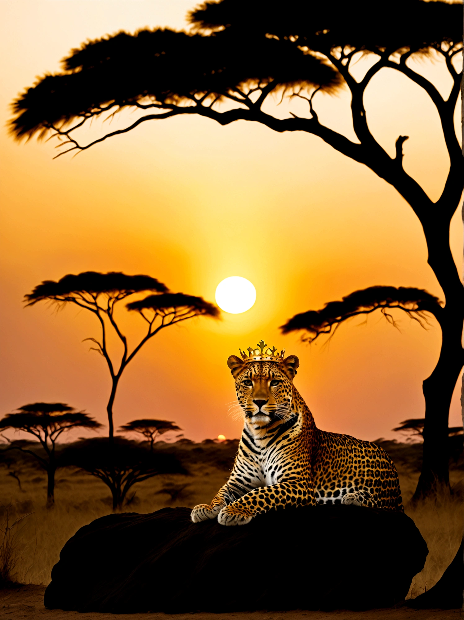 A leopard with a golden crown resting on its head, majestically poised against the backdrop of a sunset in the Savannah. The crown lightly glistens in the failing sunlight as the creature stands surveying its surroundings. Warm orange and pink hues from the setting sun drape the scene, highlighting the leopard's vibrant coat of fur. Silhouettes of acacia trees can be seen in the far-off distance, dotting the vast landscape.