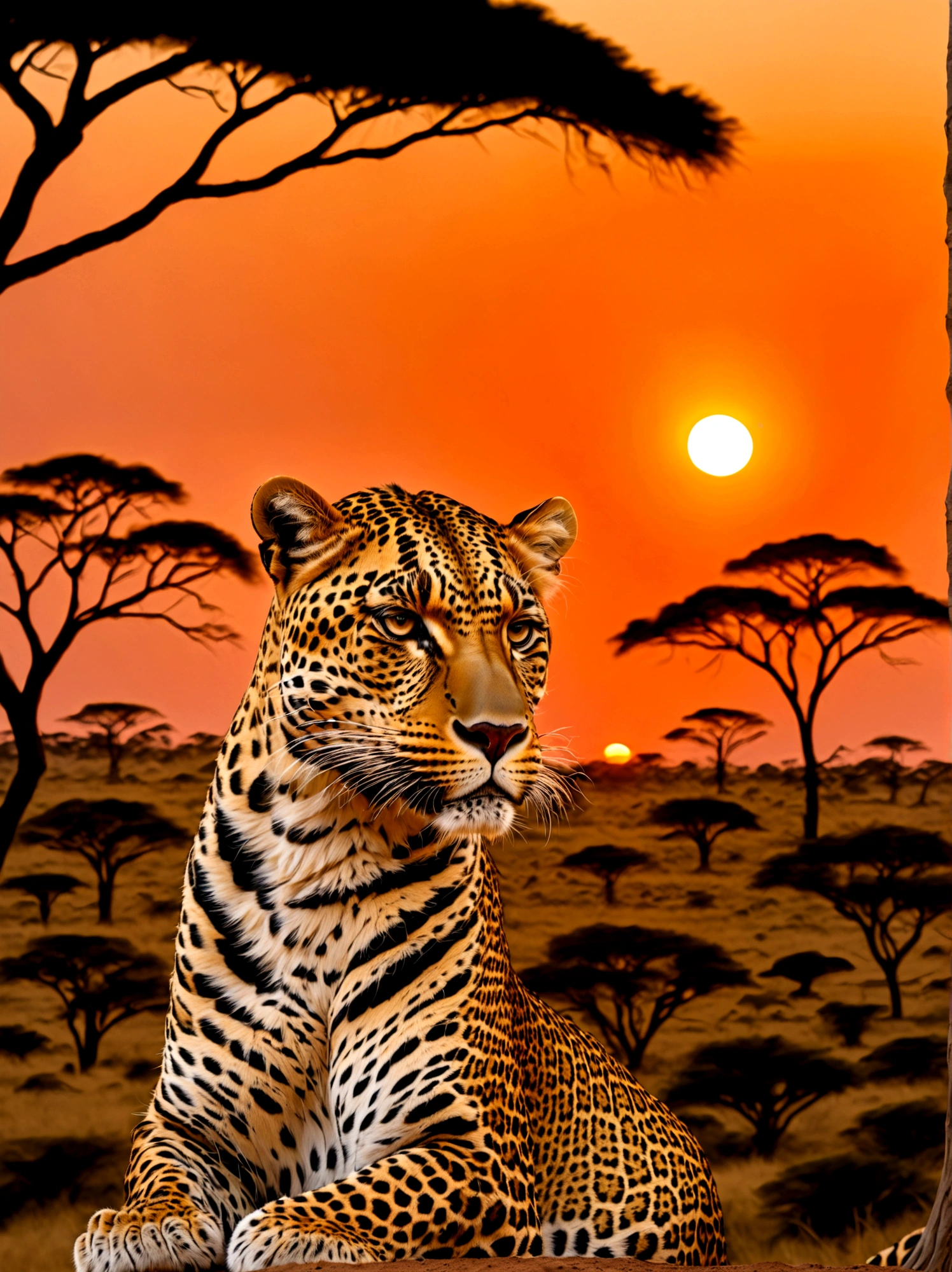 A leopard with a golden crown resting on its head, majestically poised against the backdrop of a sunset in the Savannah. The crown lightly glistens in the failing sunlight as the creature stands surveying its surroundings. Warm orange and pink hues from the setting sun drape the scene, highlighting the leopard's vibrant coat of fur. Silhouettes of acacia trees can be seen in the far-off distance, dotting the vast landscape.