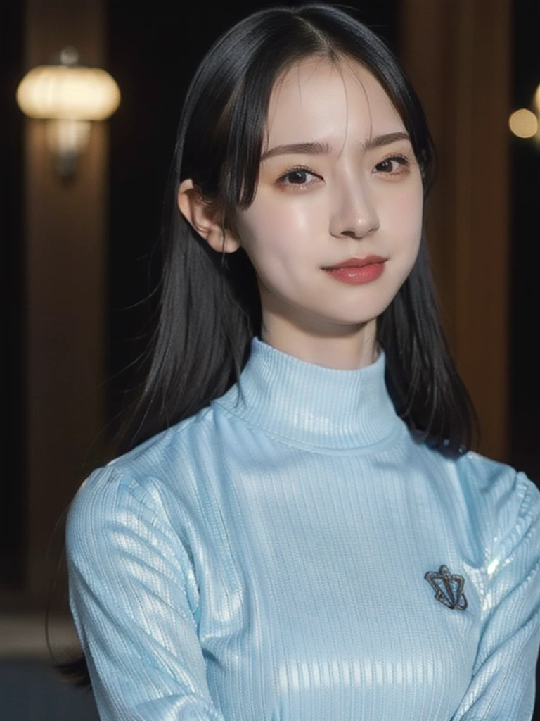 1girl,(wearing a turtleneck glittery evening dress),(RAW photo, best quality), (realistic, photo-realistic:1.4), masterpiece, an extremely delicate and beautiful, extremely detailed, 2k wallpaper, Amazing, finely detail, extremely detailed CG unity 8k wallpaper, ultra-detailed, highres, soft light, beautiful detailed girl, extremely detailed eyes and face, beautiful detailed nose, beautiful detailed eyes,cinematic lighting,city lights at night,perfect anatomy,slender body,smile