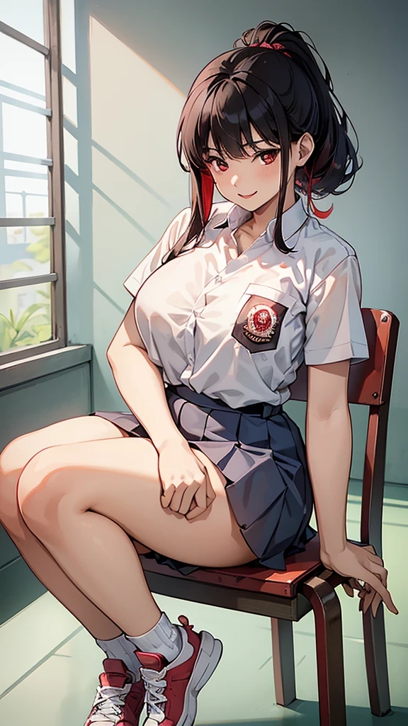 1 woman, 17 years old, (updo, red and black hair), plump body, red eyes, Indonesian high-school uniform, (white transparent shirt), osis logo on shirt pocket, big breasts, light-grey pleated skirt, sitting on a chair, seductive pose, full body shot, side view, smiling, in the classroom.