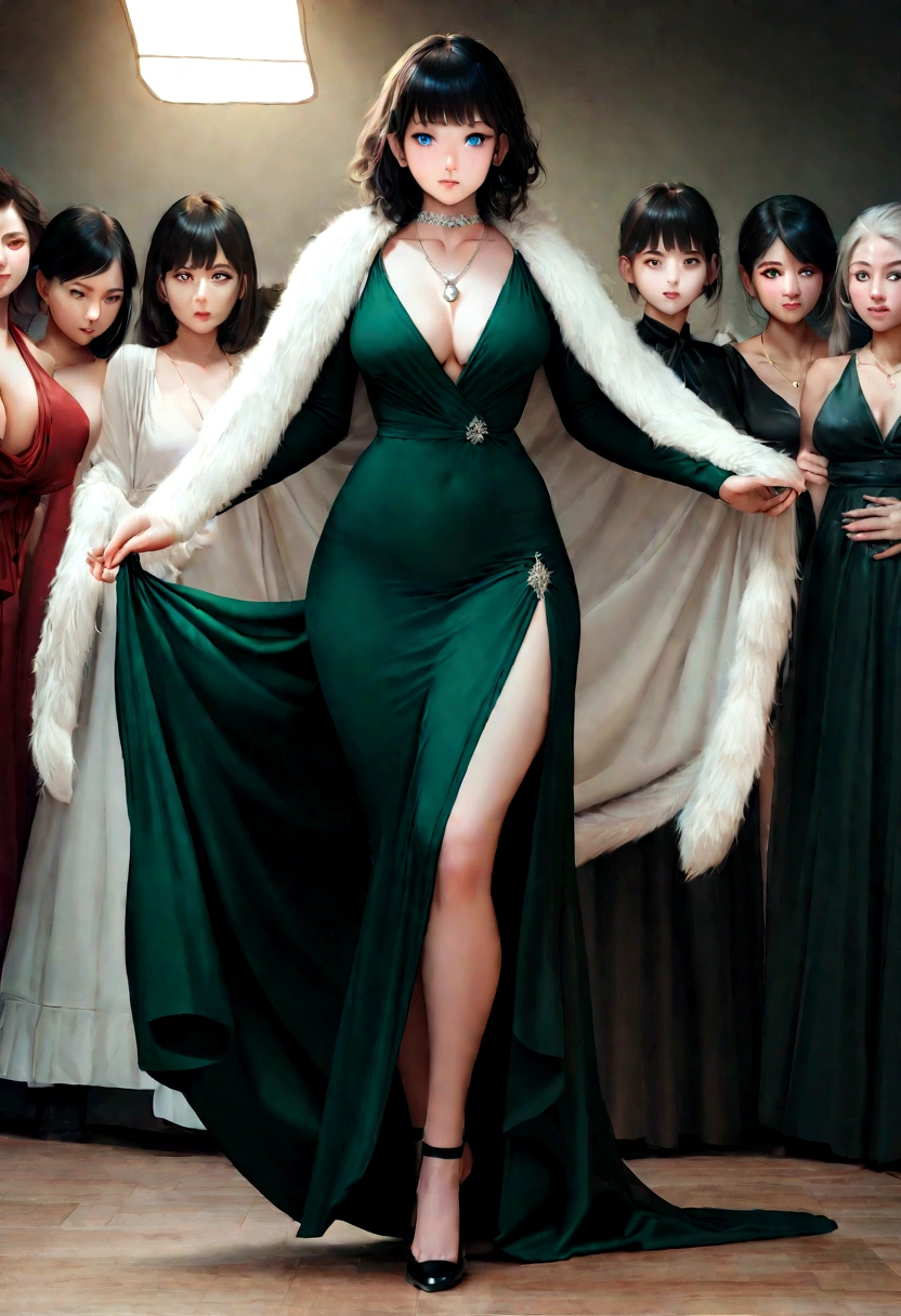 Green Pearl Necklace, Satin green long gloves, lipsticks, Green shorthair, satin, Green dress, bride, the kiss, A smile