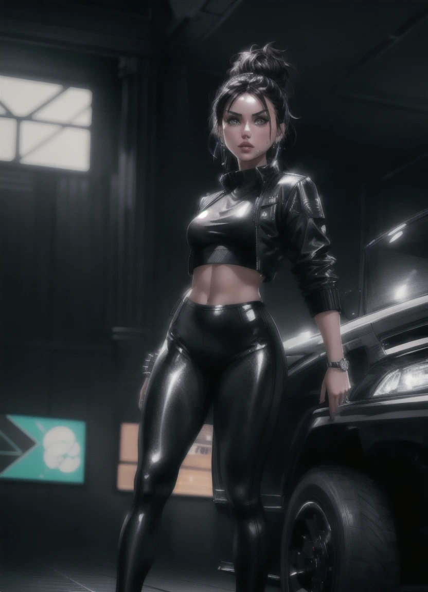 anamr, shopping mall, messy hair, bun, realistic, perfect skin, looking at viewer, full body, black acoaL leggings, glow effects, godrays, dark atmosphere, 4k ultra detailed, cinematic, Sharp focus, concept art, trending on artstation 
