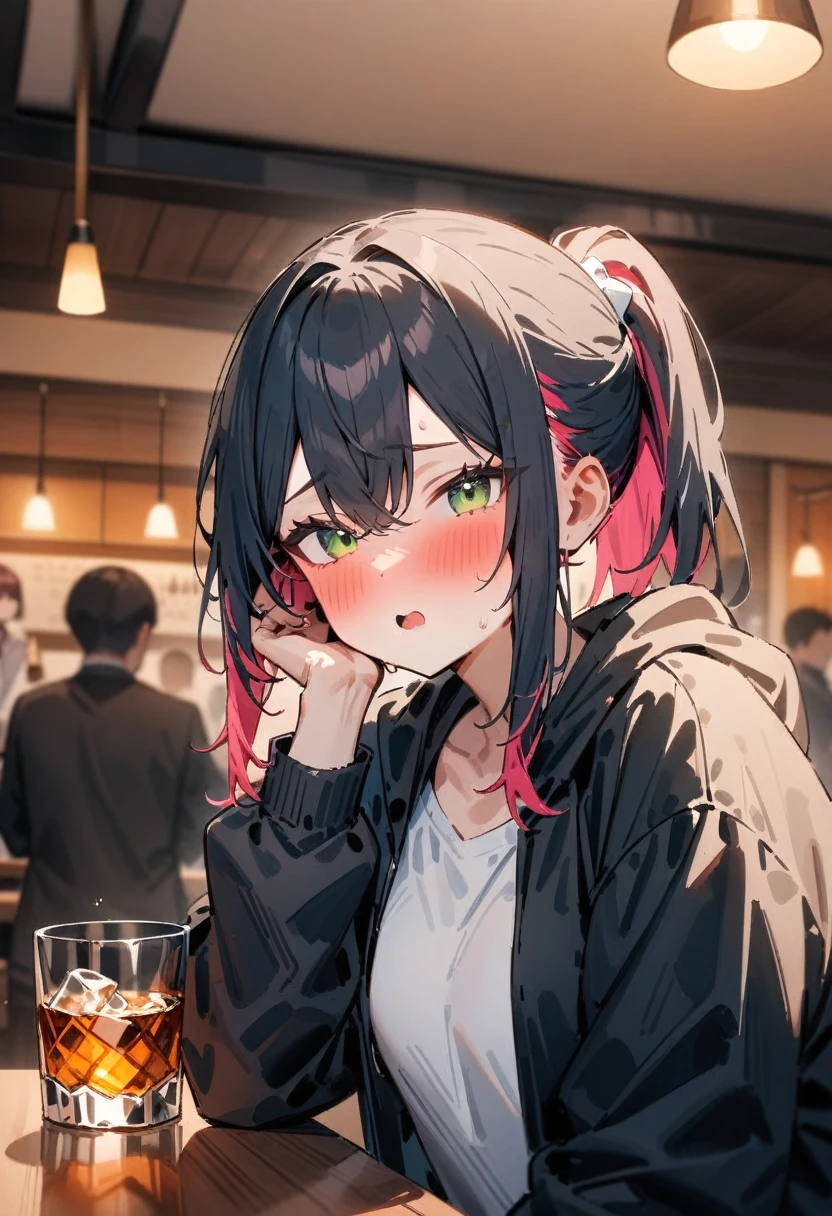 masterpiece, best quality, very aesthetic, absurdres, newest, 1girl, solo, looking at viewer, blush, drunk, parted mouth, shirt, black hair, long sleeves, holding, hair between eyes, sitting, green eyes, jacket, white shirt, ponytail, pink hair, sidelocks, multicolored hair, open clothes, solo focus, indoors, hood, two-tone hair, open jacket, whisky, cup, black jacket, hooded jacket, drinking glass, colored inner hair, drink,