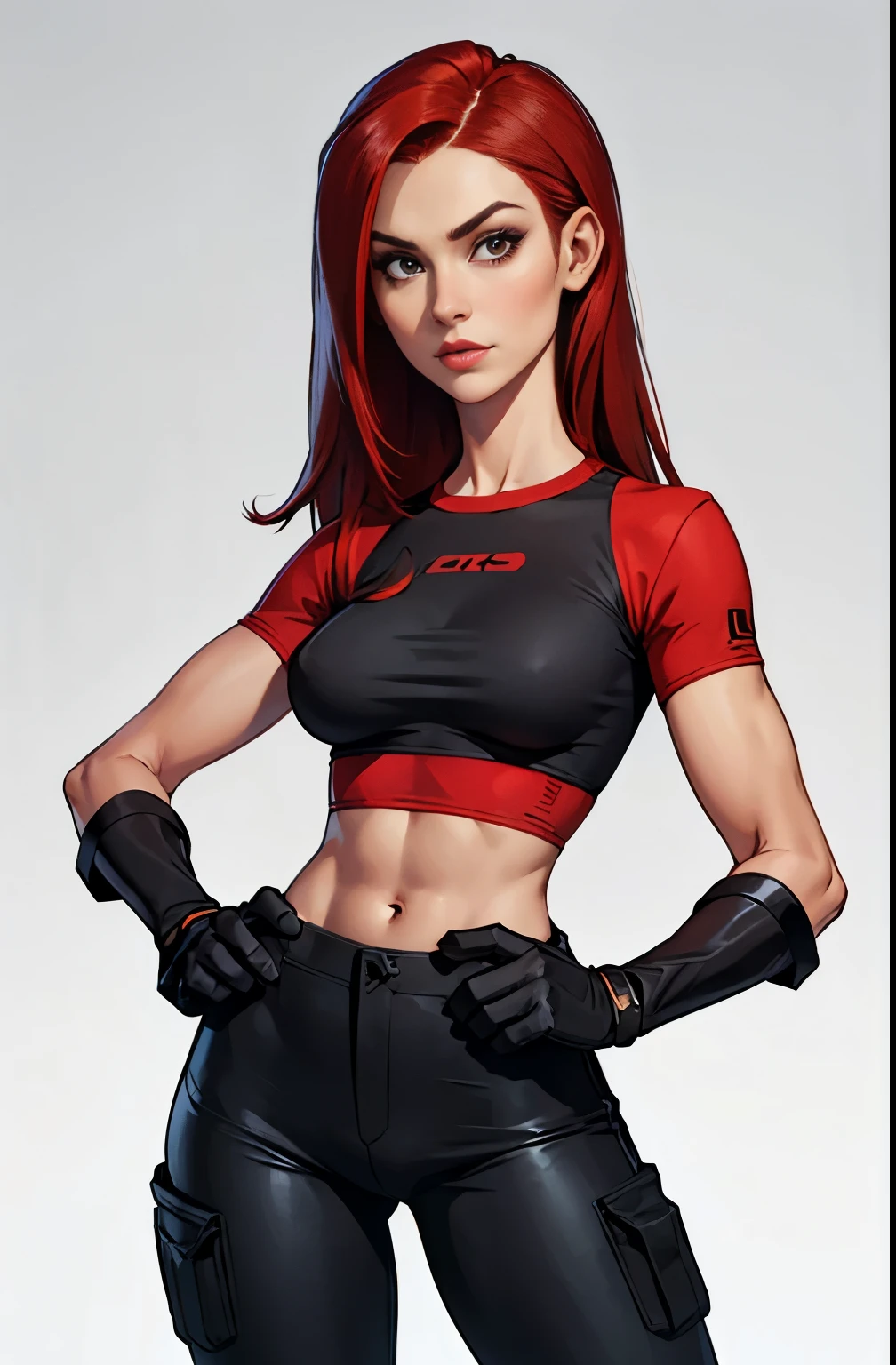 girl, hot, portrait, medium breasts, slim, long red hair, kim possible, hot, soft or colored lips, black t-shirt, gloves, card pants, simple background, plain colors, perfect hands, perfect anatomy