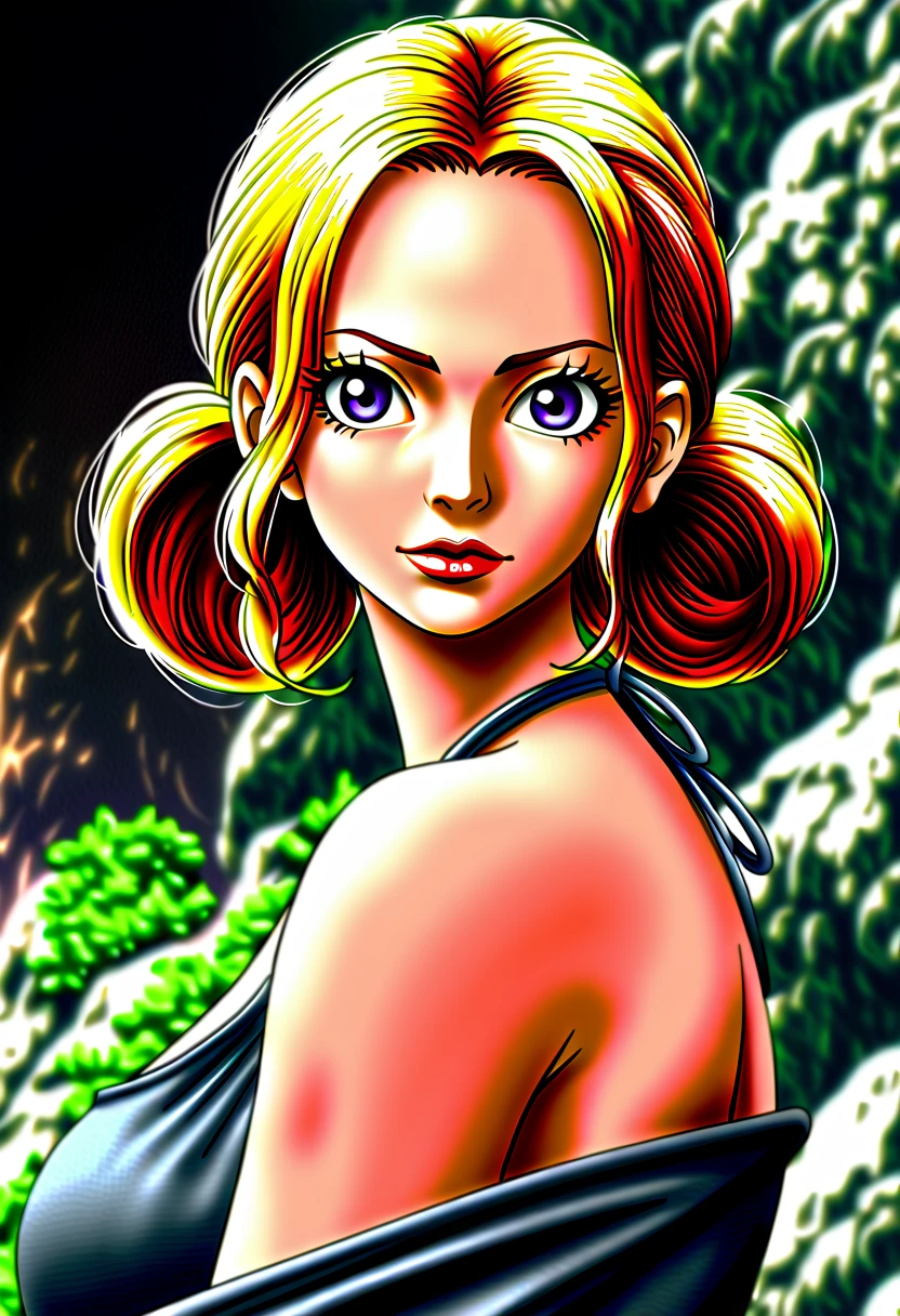 Nami from One Piece (8k, 4k, best quality, highres, ultra high res:1.1), (masterpiece, realistic, photo-realistic:1.1), 1girl,  face, close-up, twintails, blonde hair, black eyes, red lips,  (looking at viewer:2), long eyelashes, eyeshadow,  small face, big eyes, bare shoulders, high contrast,