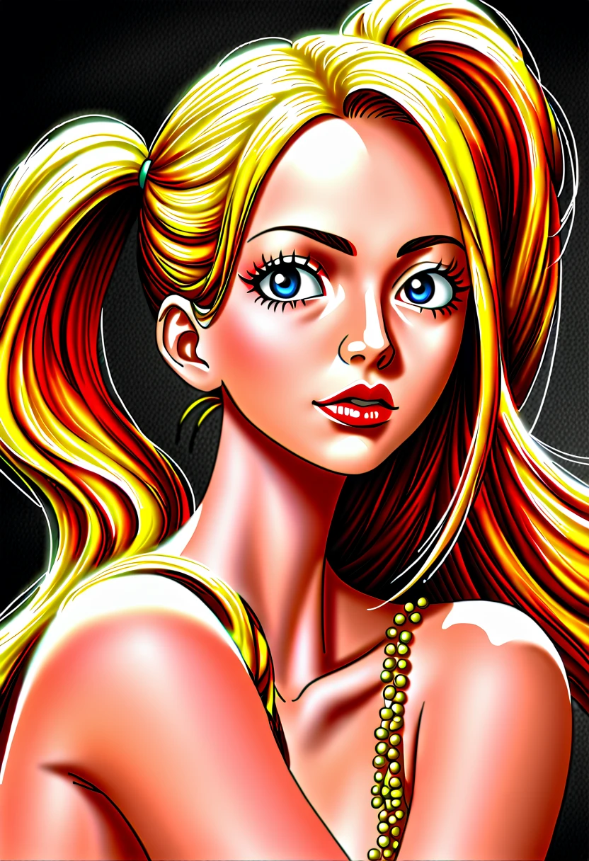 Nami from One Piece (8k, 4k, best quality, highres, ultra high res:1.1), (masterpiece, realistic, photo-realistic:1.1), 1girl,  face, close-up, twintails, blonde hair, black eyes, red lips,  (looking at viewer:2), long eyelashes, eyeshadow,  small face, big eyes, bare shoulders, high contrast,