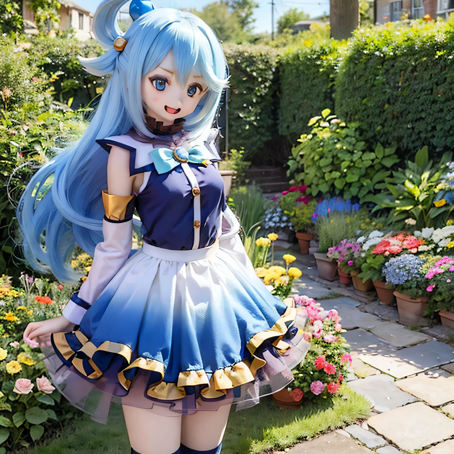 (a young girl and) Blue Hair, (wear) a white and blue dress, (Holding) staff, (standing) wealthy, Vibrant Garden, (and) Farbeandりどりの花 (flowering) Around her, (Down) Clear blue sky.(((((punch)))))
(Portraiture) girl&#39;s, (Realistic) rendering, (and) (Very detailed) Features, (Inclusive) sparkling blue eyes, (薔薇Farbeの) lips, and (length) eyelash.
(Highest quality, 4K, High resolution) image, (and) (vivid) Farbe, (Emphasis expressed) girl&#39;Stylish and lively appearance.
(the garden is filled and) sunlight, (end) a warm and inviting atmosphere, (and) kid (Light of the sun) Light up the scene.villain pose
have a magic wand (((open your mouth and laugh)))