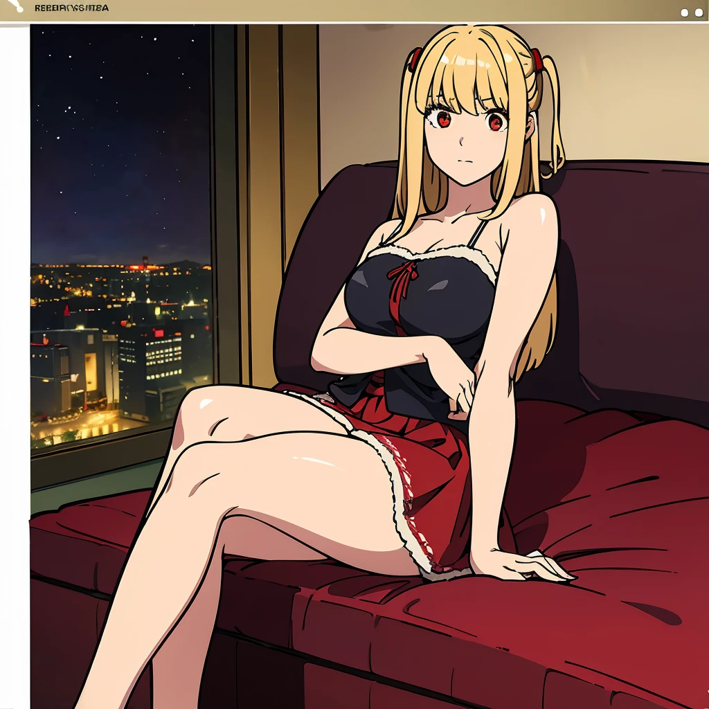 1 girl, Misa Amane, sitting on the bed, wearing Christmas outfit, red skirt,  legs, crossed legs, high quality, sfw, good 