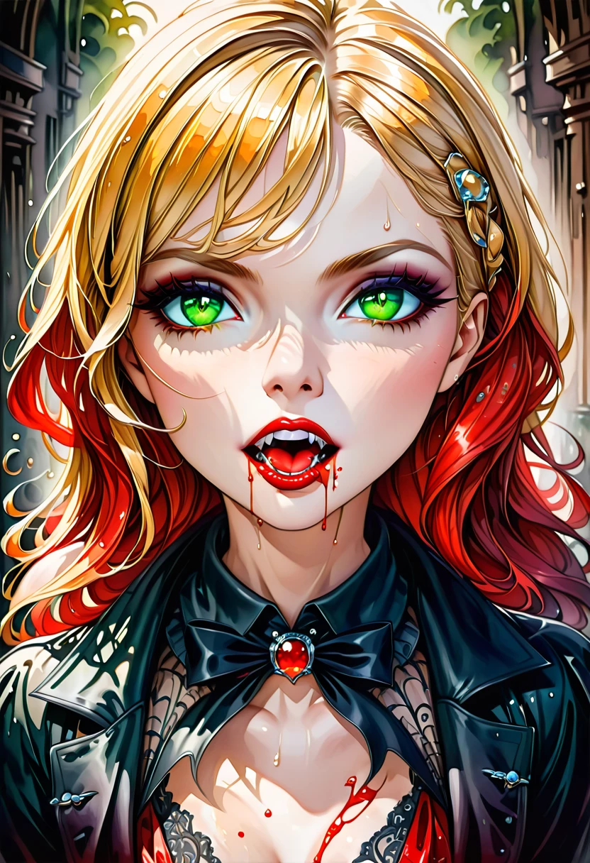 ((a photorealistic portrait of an exquisite, glamour female vampire: 1.5)) , pale face, blond hair, long vibrant shiny hair, glamorous hair, emerald green eyes, deep penetrating eyes, red lips, lustful lips, ((two vampiric fangs: 1.5), drops of blood dripping from the mouth, ((1920's style: 1.5)), (highest quality:1.2, Very detailed, up to date, Vibrant, Ultra-high resolution, High Contrast, masterpiece:1.2, highest quality, Best aesthetics), best details, best quality, highres, ultra wide angle, 16k, [ultra detailed], masterpiece, best quality, (extremely detailed), Genetically modified..., Cinematic Hollywood Film, traditional watercolor painting