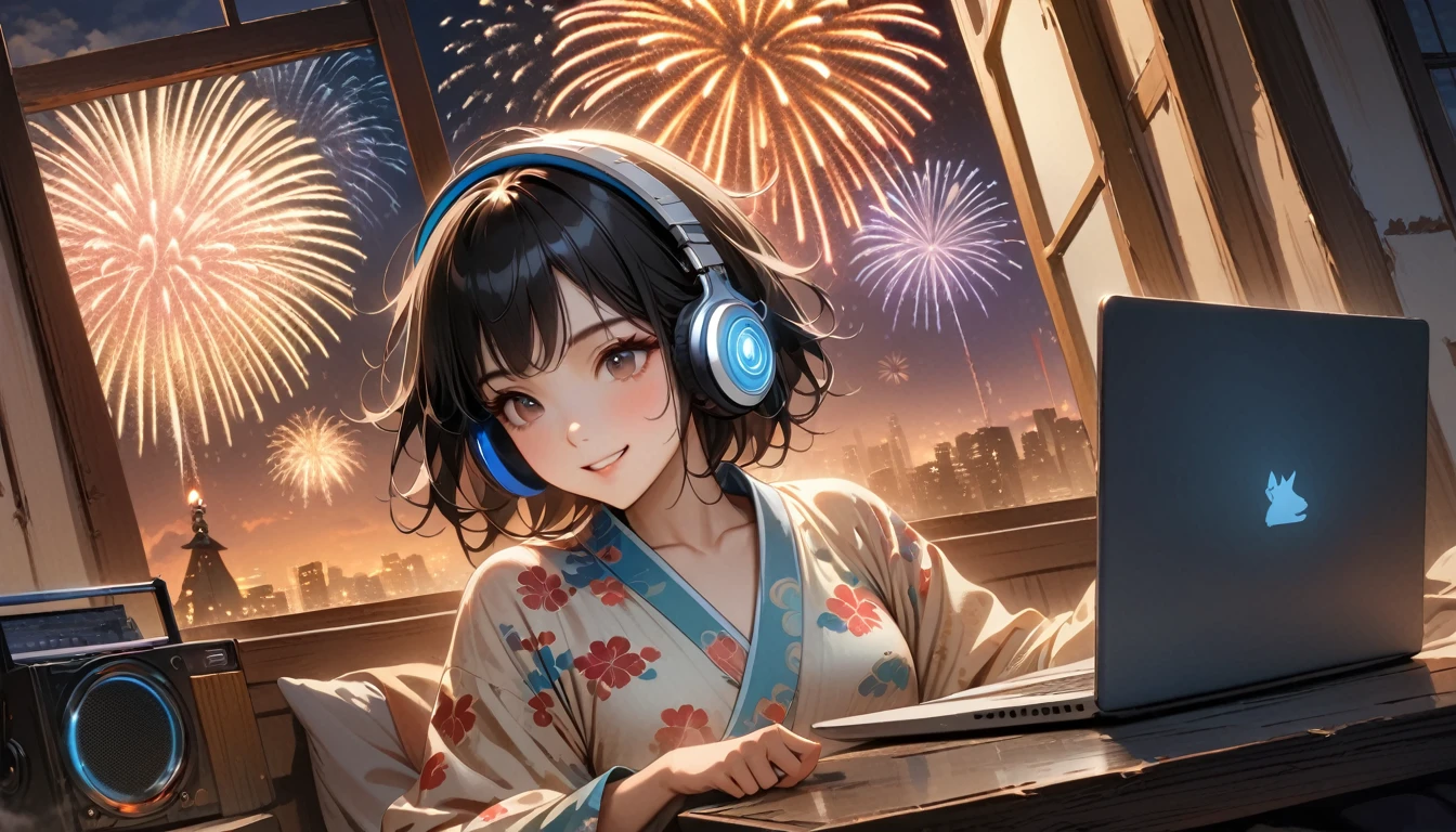 ((8k of extremely detailed CG unit, Masterpiece, high resolution, highest quality, highest quality real texture skin)), (((Fireworks from a large window))), (((Japanese patterned pajamas))), (((Japanese style headphones))), (((Smiling and watching the fireworks))), ((1 girl)), (Black hair, messy hair, beige skin), (surreal, digital painting), (((Warm lighting))), (((Boombox))), (((laptop)))