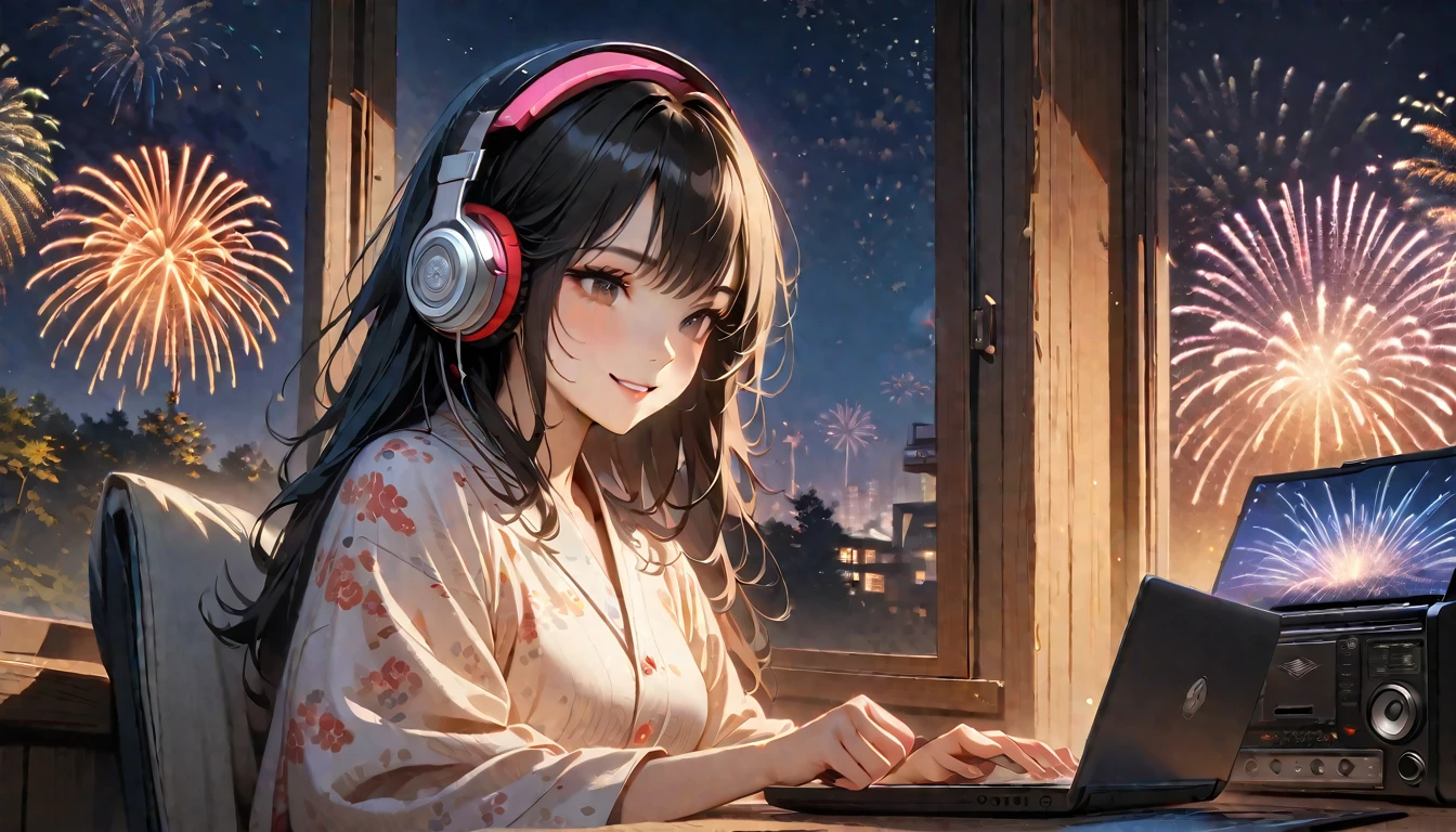 ((8k of extremely detailed CG unit, Masterpiece, high resolution, highest quality, highest quality real texture skin)), (((Fireworks from a large window))), (((Japanese patterned pajamas))), (((Japanese style headphones))), (((Smiling and watching the fireworks))), ((1 girl)), (Black hair, messy hair, beige skin), (surreal, digital painting), (((Warm lighting))), (((Boombox))), (((laptop)))