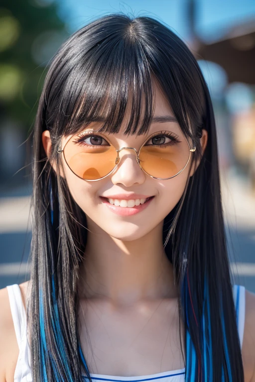 Black Hair, Hair ties, Falter, Long eyelashes, Round eyes, A light smile, Redness in the ears, tooth, Accurate, Striped Hair, Brown Hair, Blue Hair, dark Blue Hair, Gradient Hair, Asymmetrical Hair, Hair behind the ear, Crossed bangs, Long Hair, very Long Hair, Hair with one side up, absurdly Long Hair, Hair Clip, sunglasses, Mole under the eye, Aqua Eye, The eyes are round, Round eyes, compensate, Wicked Smile, A light smile, Surrealism, Cast a Shadow, Anaglyph, Stereogram, tachi-e, throw, Atmospheric perspective, Film Grain, Backlight, Exposure, Lens flare, Super detailed, 最high quality, 超High resolution, 超High resolution, Super detailed, masterpiece, aAccurate, Textured skin, high quality, 最high quality, Awards, High resolution, 16K