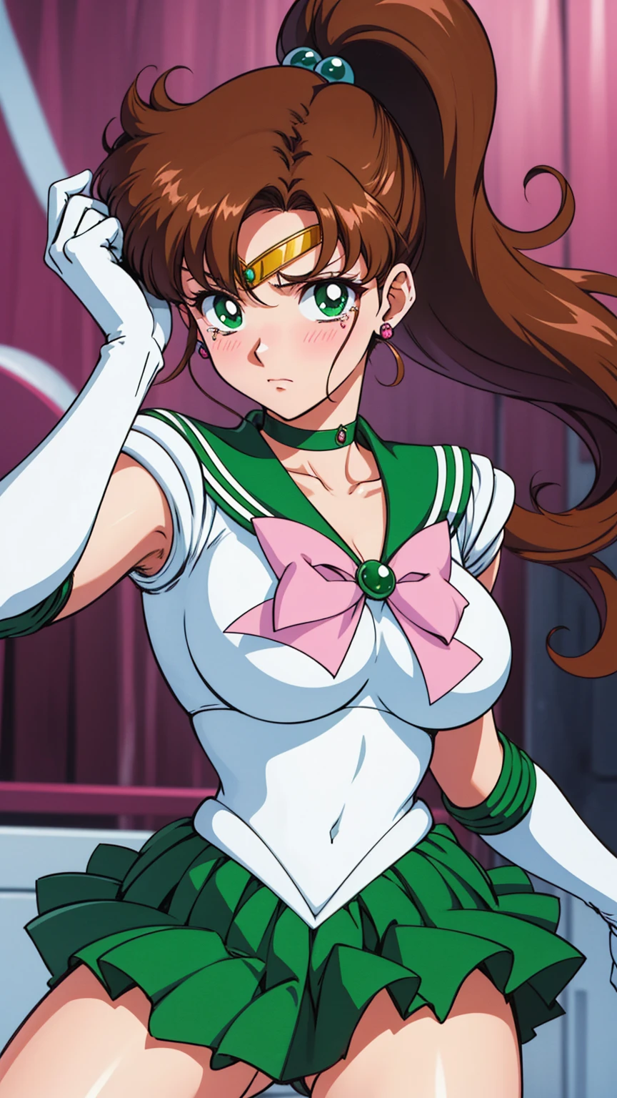 Highest quality, High resolution, 1990s \(style\), retro artstyle, 1990s anime cels style, Sailor Jupiter, Fighting, Sailor Warrior Uniform, Green sailor collar, White gloves, Green pleated skirt, Pink ribbon, ponytail, jewelry, Earrings、(Torn clothes、)、Dynamic、廃墟でFighting、 scene、 chamber、Tortured Woman、tears、blush、sad