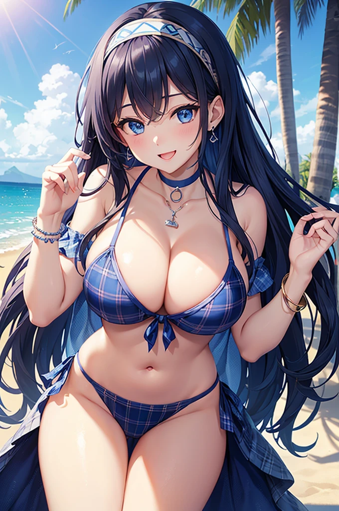 Highest quality、Highest quality、masterpiece、Beauty(Age 25)、(8K),Navy blue long hair、blue eyes、Sexy plaid bikini、Big cleavage、(Big Breasts),smile、blue necklace、Blue Earrings、background(Beach)、Please open your mouth wide、White headband、bracelet、Dynamic pose、Blue choker