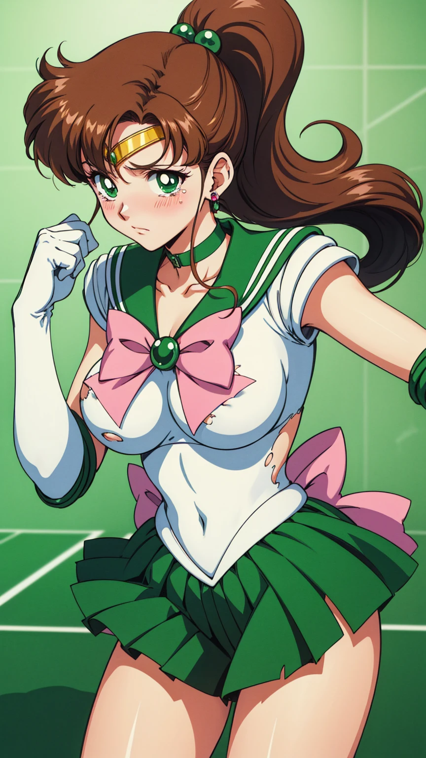 Highest quality, High resolution, 1990s \(style\), retro artstyle, 1990s anime cels style, Sailor Jupiter, Fighting, Sailor Warrior Uniform, Green sailor collar, White gloves, Green pleated skirt, Pink ribbon, ponytail, jewelry, Earrings、(Torn clothes、tits)、Dynamic、廃墟でFighting、 scene、 chamber、Tortured Woman、tears、blush、sad