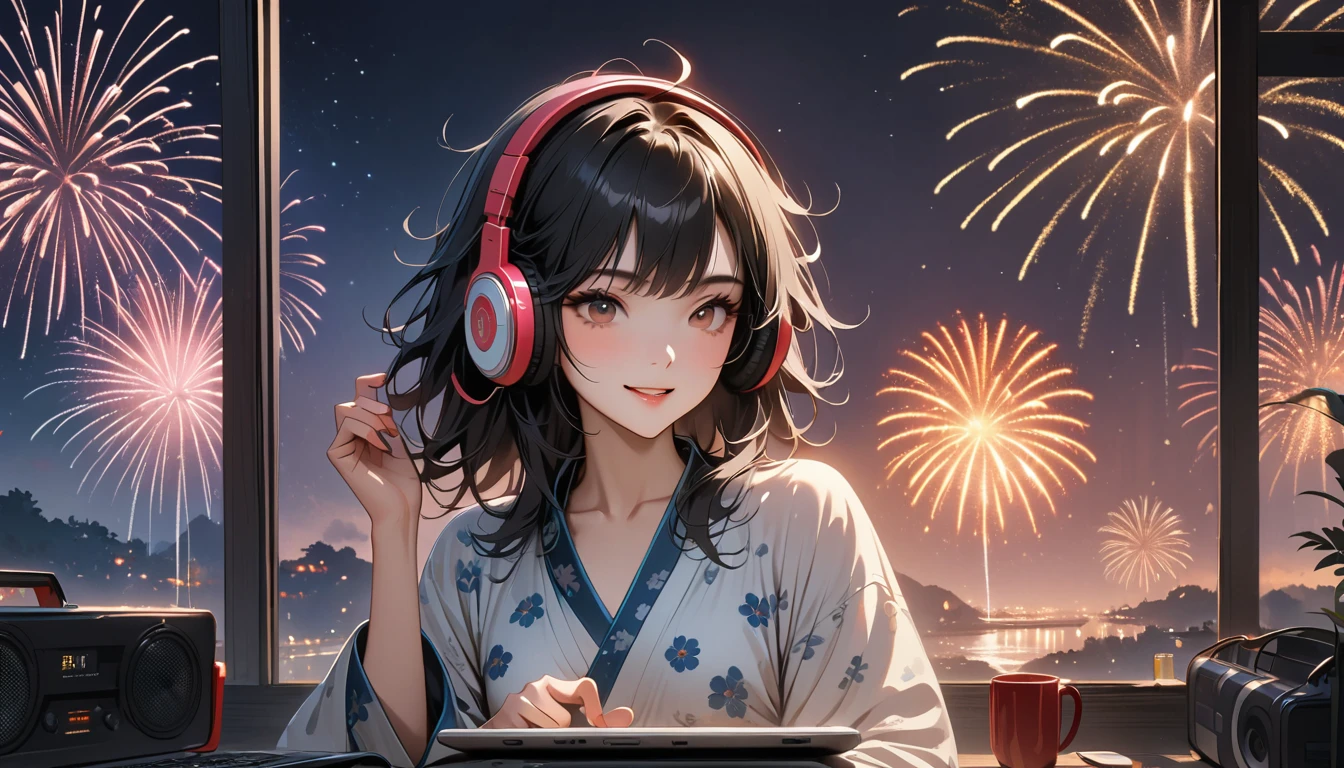 ((8k of extremely detailed CG unit, Masterpiece, high resolution, highest quality, highest quality real texture skin)), (((Fireworks from a large window))), (((Japanese patterned pajamas))), (((Japanese style headphones))), (((Smiling and watching the fireworks))), ((1 girl)), (Black hair, messy hair, beige skin), (surreal, digital painting), (((Warm lighting))), (((Boombox))), (((laptop)))