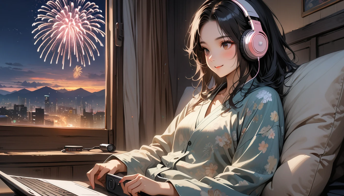((8k of extremely detailed CG unit, Masterpiece, high resolution, highest quality, highest quality real texture skin)), (((Fireworks from a large window))), (((Japanese patterned pajamas))), (((Japanese style headphones))), (((Smiling and watching the fireworks))), ((1 girl)), (Black hair, messy hair, beige skin), (surreal, digital painting), (((Warm lighting))), (((Boombox))), (((laptop)))