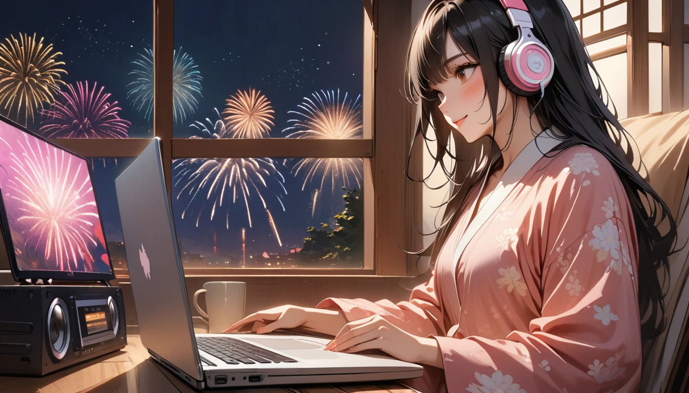 ((8k of extremely detailed CG unit, Masterpiece, high resolution, highest quality, highest quality real texture skin)), (((Fireworks from a large window))), (((Japanese patterned pajamas))), (((Japanese style headphones))), (((Smiling and watching the fireworks))), ((1 girl)), (Black hair, messy hair, beige skin), (surreal, digital painting), (((Warm lighting))), (((Boombox))), (((laptop)))