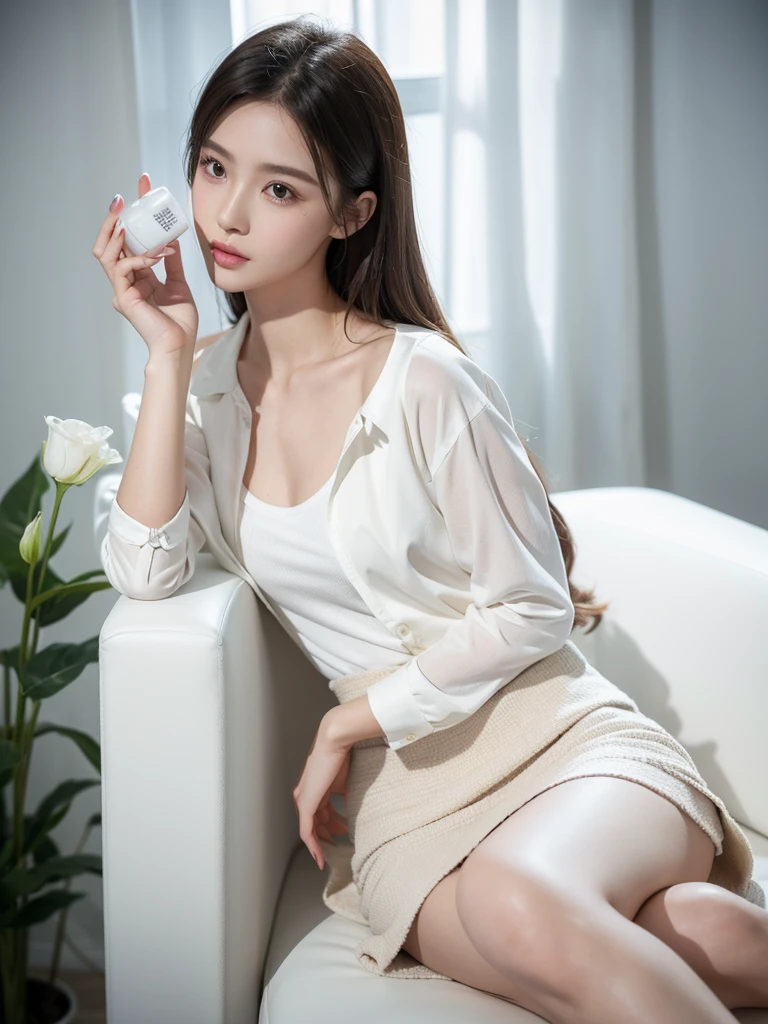 1 female-focused, a beautiful female model has a cosmetic bottle in her hands, wearing white shirt, the model's skin is healthy and clear, and the cosmetics bottle shines luxuriously, skin care, flower, cosmetics commercial photos, clean atmosphere, in the studio, shot on Hasselblad camera, medium format, dramatic lighting, luxury brand cosmetic