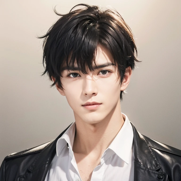 at office，wearing black leather coat，two block haircut, Attractive man，Live-action photo，Handsome and sunny，（SLR effect，Reality，8K，Hyper-detailing，Absolute realism）