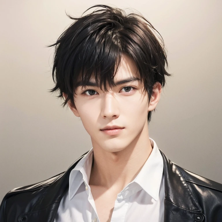 at office,wearing black leather coat,two block haircut, Attractive man,Live-action photo,Handsome and sunny,(SLR effect,Reality,8K,Hyper-detailing,Absolute realism)