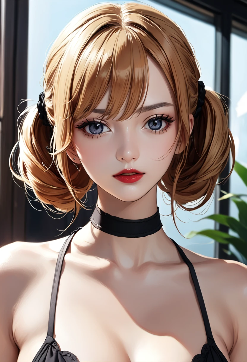 Nami from One Piece (8k, 4k, best quality, highres, ultra high res:1.1), (masterpiece, realistic, photo-realistic:1.1), 1girl, face, close-up, twintails, blonde hair, black eyes, red lips, (looking at viewer:2), long eyelashes, eyeshadow, small face, big eyes, bare shoulders, high contrast,