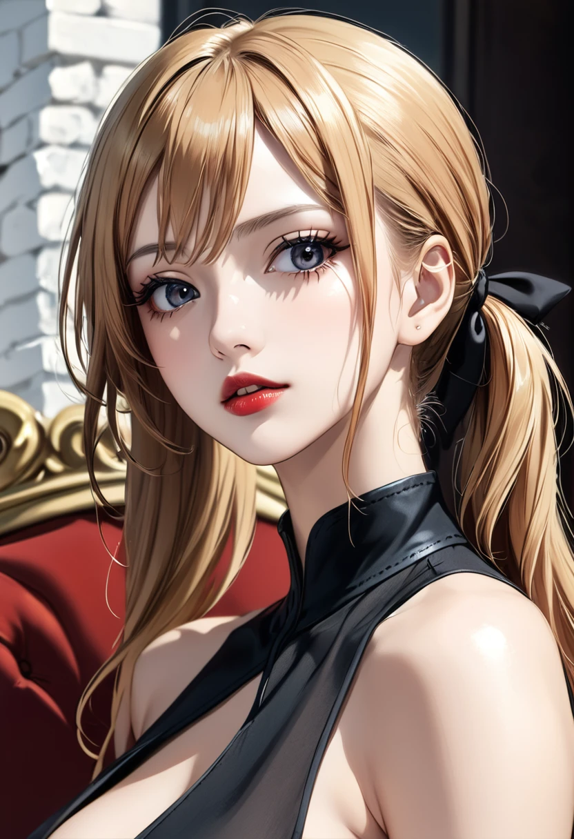 Nami from One Piece (8k, 4k, best quality, highres, ultra high res:1.1), (masterpiece, realistic, photo-realistic:1.1), 1girl, face, close-up, twintails, blonde hair, black eyes, red lips, (looking at viewer:2), long eyelashes, eyeshadow, small face, big eyes, bare shoulders, high contrast,