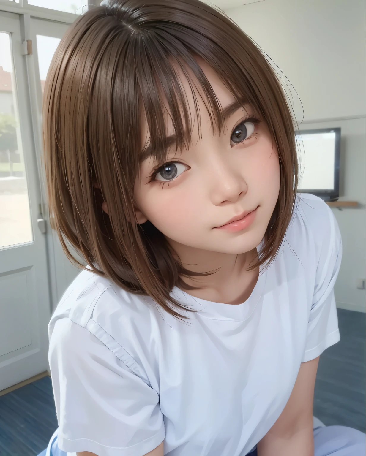 Cute high school girl looking at the camera、Summer Uniform, best quality, realistic, 8K, highest resolution, full color, 1 girl, female, female, , (closed mouth:1.73), school, Classroom,Bring your skincare products closer to your cheek.,With fair skin,translucent, View viewer:1.8, (1girl's eyes looking at the viewer:1.55), (medium hair, brown hair, split hair:1.45), (bokeh),